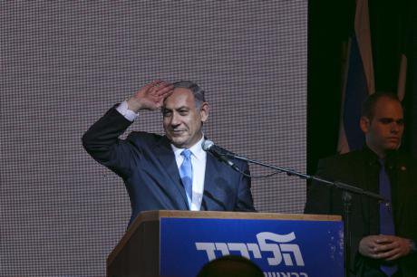 Benyamin Netanyahu addresses a crowd of supporters after his surprise victory. 