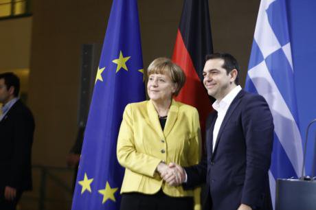 Angela Merkel welcomes Alexis Tsipras to a bilateral meeting, March 2015.