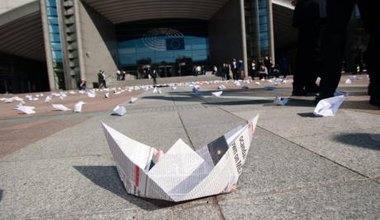 Paper boat protests against Mediterranean migrant deaths, Brussels, April 20.