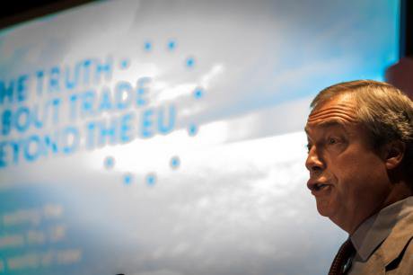 Nigel Farage launches a pamphlet on a trade exit from the EU, June, 2015.