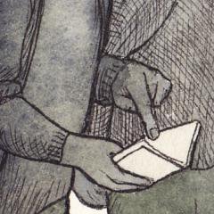 Illustration showing someone holding an open notebook and pointed at the page.
