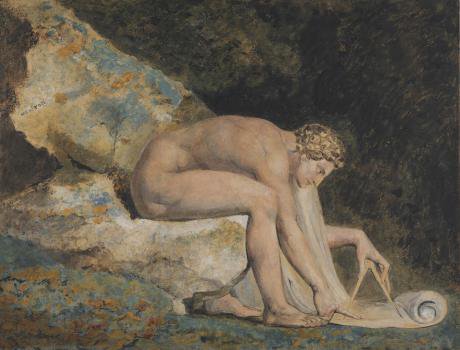 &#39;Newton&#39; seated nude with a compass, deep in thought