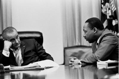 President Lyndon B. Johnson meets with Martin Luther King, Jr. in the White House Cabinet Room, 18 March 1966