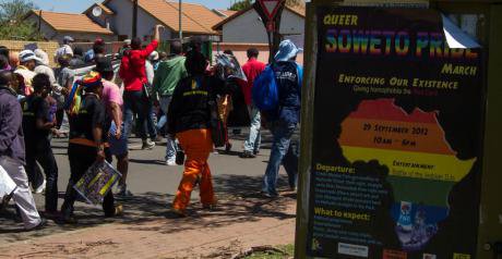 "Giving homophobia a red card," reads a poster for the 2012 Soweto Pride march. 