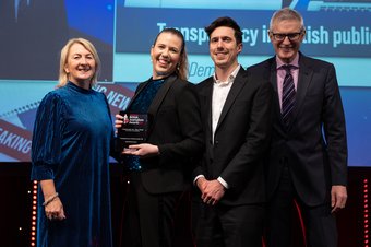 Taking the award for Campaign of the Year at the British Journalism Awards, 15 December 2022. Jo Allan of Newsworks, which sponsored the award; Jenna Corderoy; Ramzy Alwakeel; Jeremy Vine, host of the ceremony