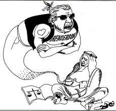 A cartoon from an underground Bahraini opposition publication showing Henderson as the Genie of the Bahraini ruler Shaikh Isa ibn Salman Al Khalifah