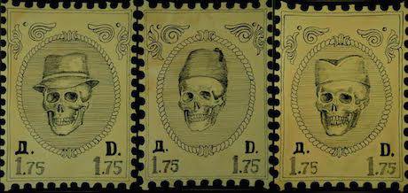 A triptych titled Philately. The skulls wear hats traditional for the three main ethnic groups in BiH. Author - Emir Hodzic.jpg