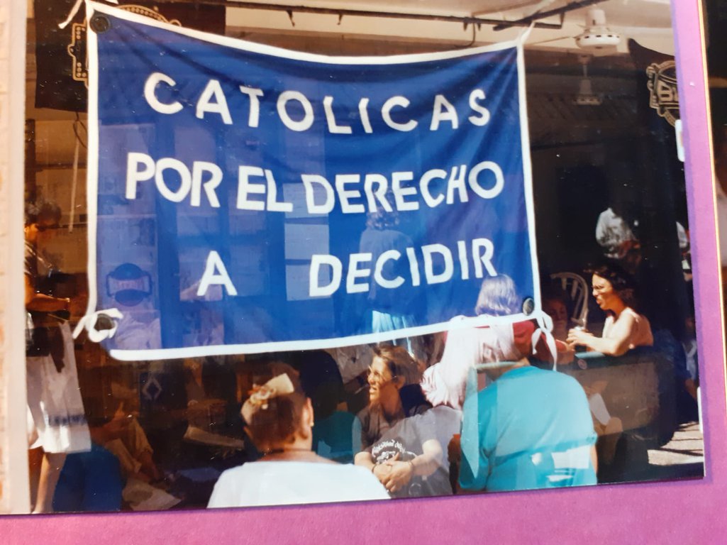 Catholics for Choice banner at the 1990 abortion workshop