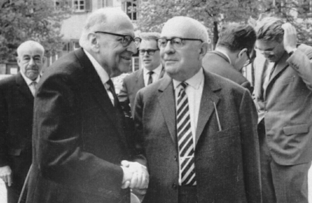 Max Weber-Soziologentag, April 1964, Heidelberg. Horkheimer front left, Adorno front right, Habermas back, right.