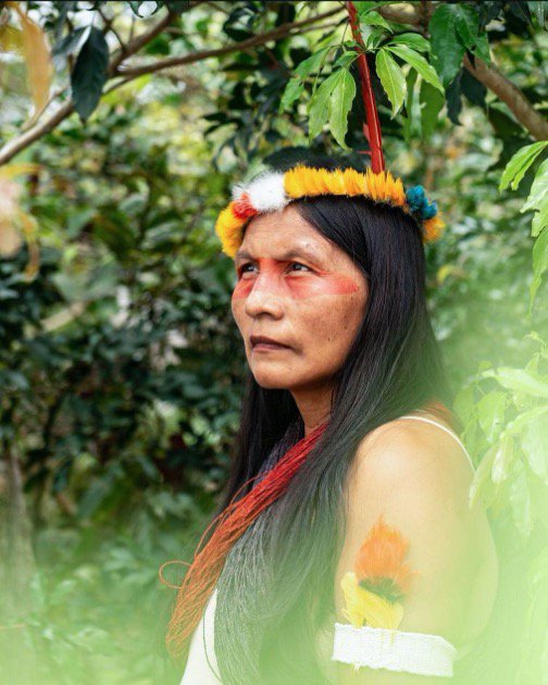 Alicia Cahuiya em roupa tradicional na mata