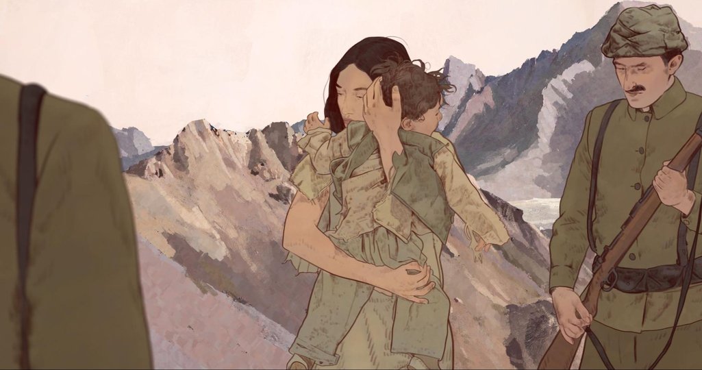 A teenage Aurora holding her baby cousin while on the death march to Syria – still from ‘Aurora’s Sunrise’