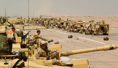 Iraq War March 2003 Scots Dragoon Guards of the British Army take a break after a long night of fighting in southern Iraq