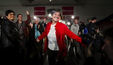 Laura Mintegi, leader of EH Bildu, the Basque separatist party that won big in this Sunday's regional parliamentary elections. Demotix/Manu Lozano. All rights reserved.  