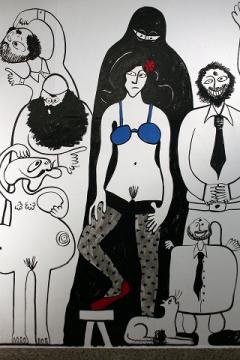 Cartoon-like image of a woman wearing only a ble bra, red shoes and stockings. Surrounded by puzzled and angry figures.
