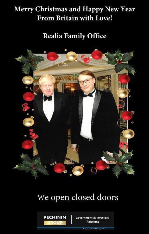 Boris Johnson and Sergey Pechinin on Realia Family Office Christmas card