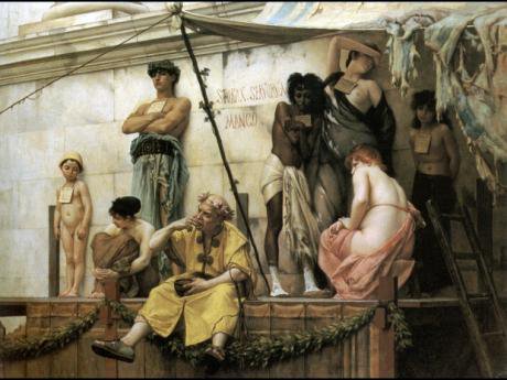 Oil painting of an ancient Greek slave market