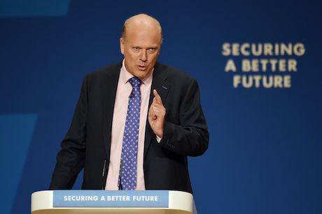 Former justice secretary Chris Grayling giving speech in front of poster which says, securing a better future