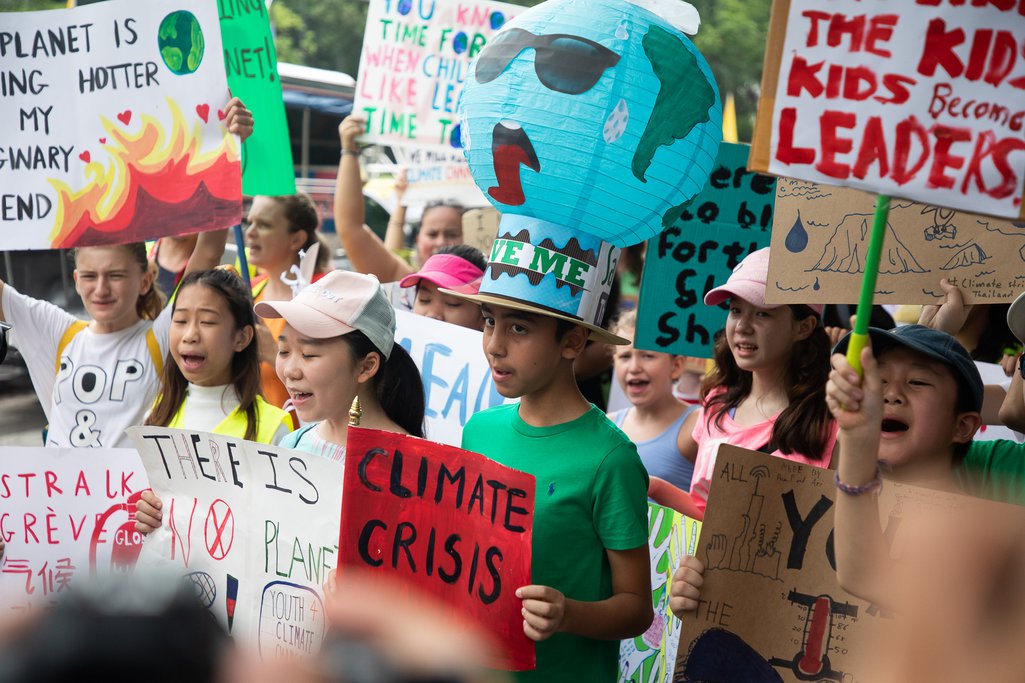 Schoolchildren taking part in the global climate strike in Bangkok, 2019.