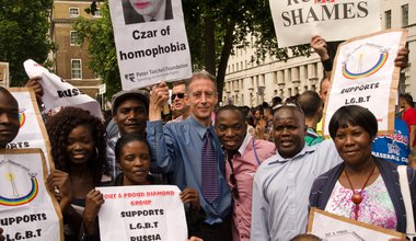 Peter Tatchell (centre) at a 2011 protest in London against homophobia in Russia | Vehbi Koca / Alamy Stock Photo. All rights reserved