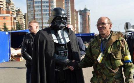 Presidential hopeful Darth vader meets potential voters in Kyiv.