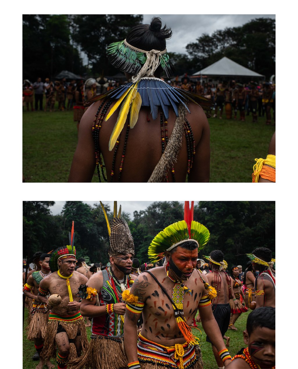 Un grupo de indígenas con adornos baila y canta en una ceremonia durante las celebraciones del Día de los Pueblos Indígenas, en la Aldeia Katurãma, São Joaquim de Bicas, Minas Gerais, Brasil.