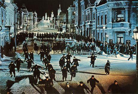 Cossacks attack a peaceful demonstration, from the film trailer, Doctor Zhivago (1965).