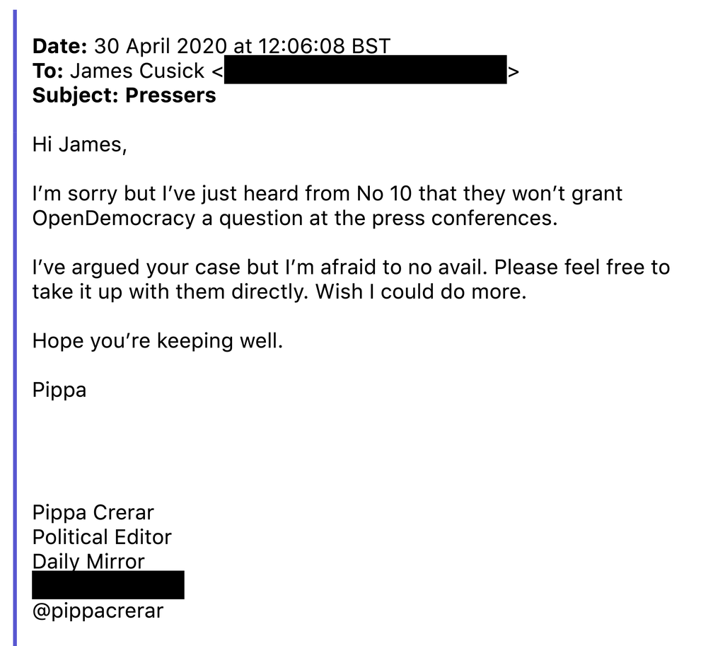 Pippa Crerar, chair of the parliamentary press gallery, informs our reporter James Cusick of the decision to bar openDemocracy.