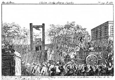 An etching depicting a woman with her jailor in a horse-drawn cart, being led to the guillotine