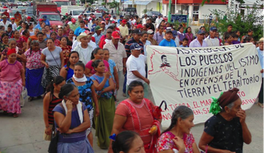 Indigenous women at protest against corporate wind in Isthmus of Tehuantepec, Oaxaca, Mexico, from website of 'Asamblea de los pueblos indígenas del Istmo de Tehuantepec en Defensa de la Tierra y el Territorio'.  