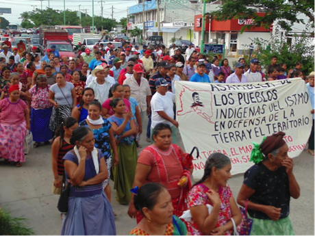 Indigenous women at protest against corporate wind in Isthmus of Tehuantepec, Oaxaca, Mexico, from website of &#39;Asamblea de los pueblos indígenas del Istmo de Tehuantepec en Defensa de la Tierra y el Territorio&#39;.  
