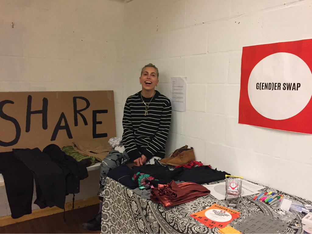 G(end)er Swap founder Santi at a clothing swap in Cardiff, Wales