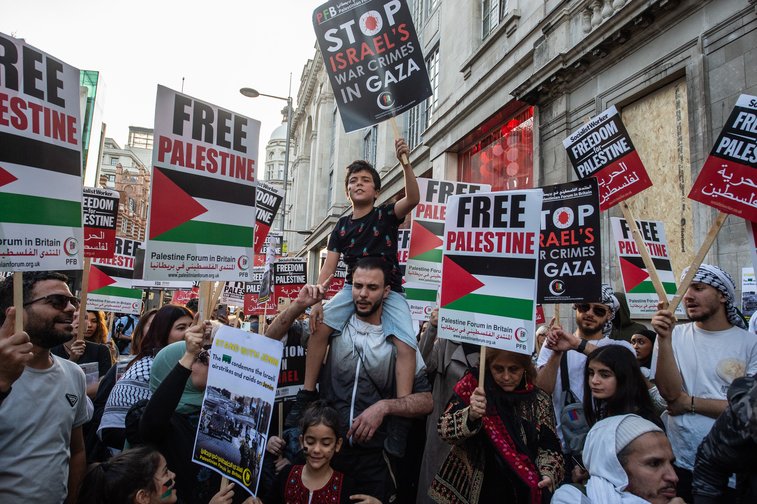 Pro-Palestine protesters near the Israeli Embassy in London on 9 October 2023 Home secretary Suella Braverman has warned that displaying Palestinian flags may be seen as a racially aggravated public order offence in some situations  Guy SmallmanGetty Images