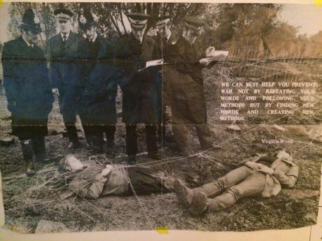 A poster showing women, including Rebecca Johnson, arrested after the silo dance at Greenham Peace Camp.