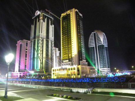 The bright lights of Grozny-City's skyscraper complex