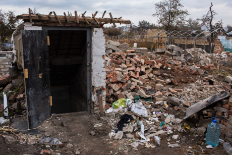 The remains of a home in the village of Semenivka, just outside Slovyansk, which was destroyed by shelling last year amid the co