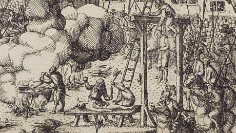 A depiction of people getting hanged, drawn and quartered.