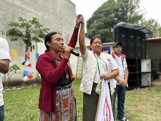 Indigenous women in politics: banned presidential candidate Thelma Cabrera (left) and Congress candidate Blanca Ajtún in Panajachel, Guatemala