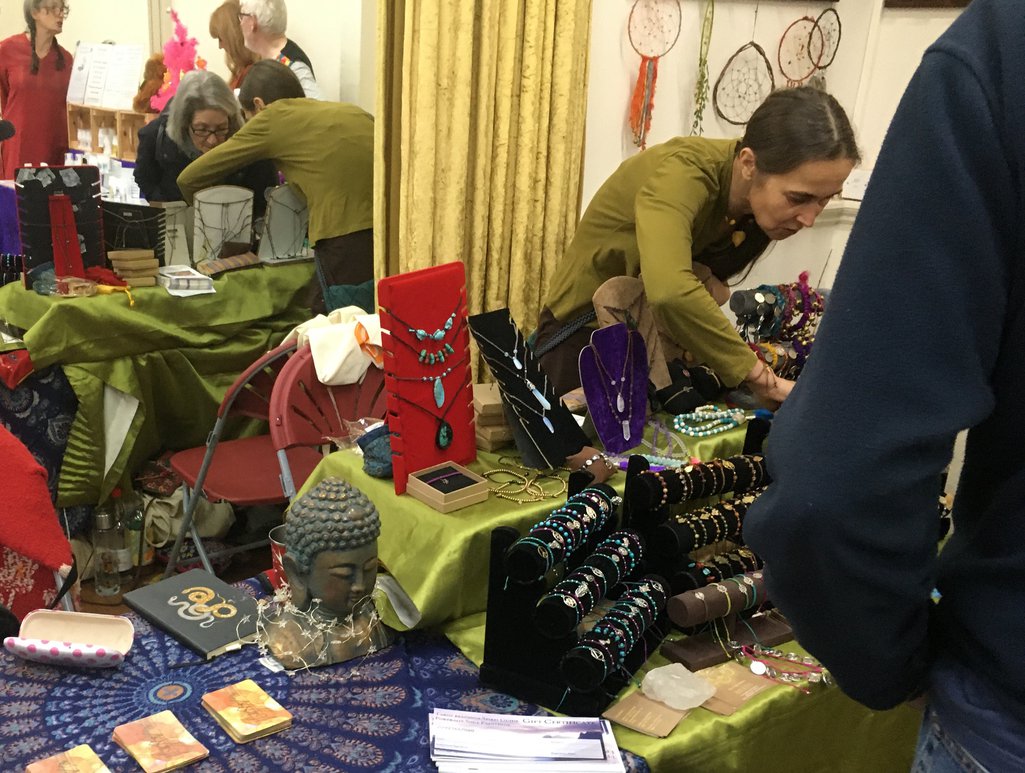 A stall selling jewelry and tarot card readings at a Vegan festival in Saltburn. Image: Adam Bychawski.