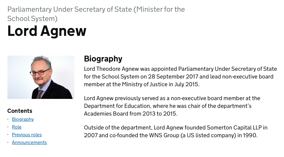 business card with headshot of Lord Agnew