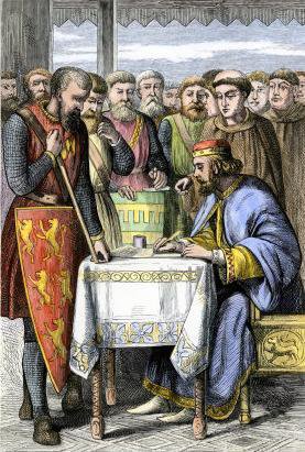 9th century coloured wood engraving of King John of England signing Magna Carta. 