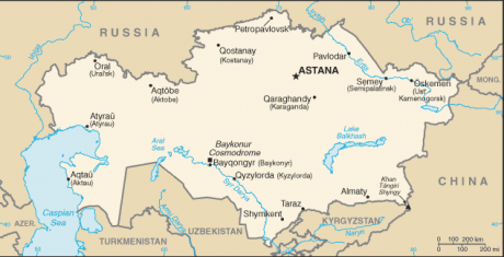 A map of Kazakhstan. It is landlocked and borders Russia to the north, China to the west; Uzbekistan and Kyrgyzstan to the south