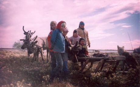 Khanty Children in a lichen field with reindeer.