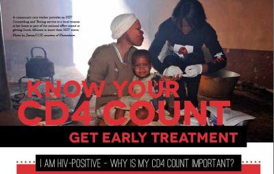 Poster of woman, child and health worker with text 'Know your CD4 count - get early treatment'