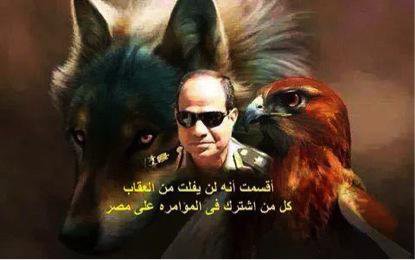 Graphic with Sisi&#39;s image, a hawk and a dog plus Arabic text