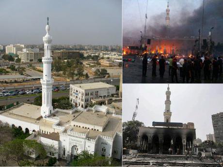 The mosque, the fire and the damage done to it as a collage
