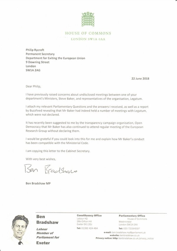The Labour MP Ben Bradshaw&#x27;s letter to Philip Rycroft, Permanent Secretary at the Department for Exiting the European Union.