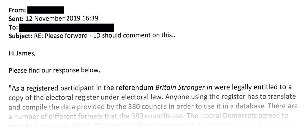 A clipping from the email that the Lib Dems press team claimed to have sent us on 12 November 2019