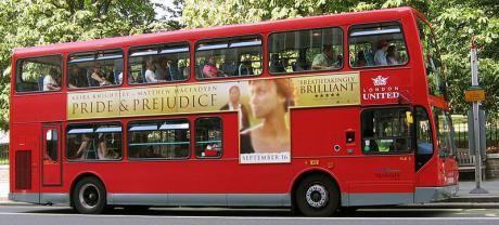 Advertisement on London bus for the film Pride and Prejudice, featuring Kiera Knightley