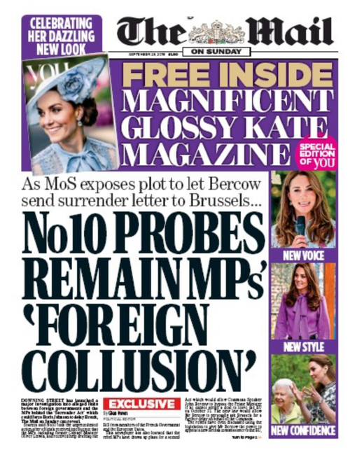 Mail on Sunday front page 29 September 2019