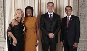 Prime Minister Milo Đukanović, and his wife, meet the Obamas. US Federal Government photograph. Public Domain.